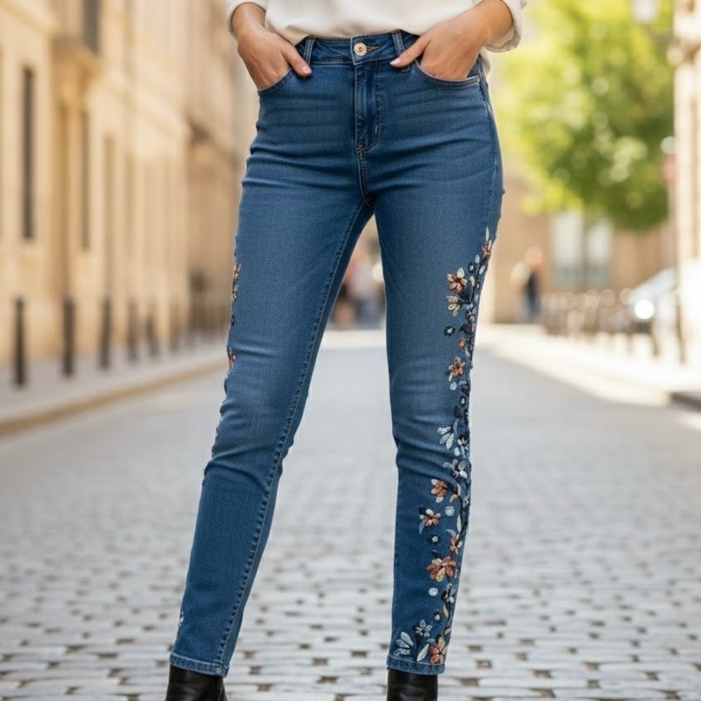Suko Jeans Skinny Distressed Floral Embroidered Indie Boho Y2K